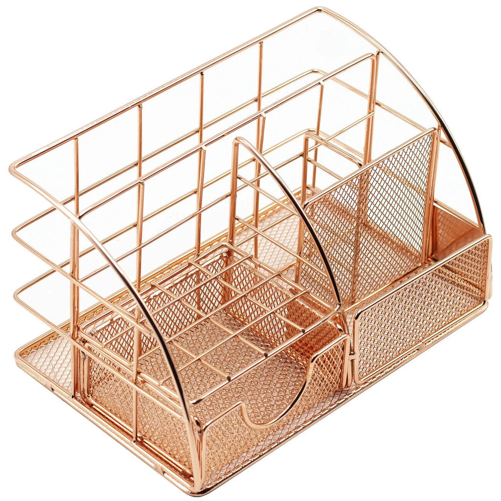 Rose Gold Desk Organizer: Pen Holder, Mail Caddy, with Drawer for Office or Home