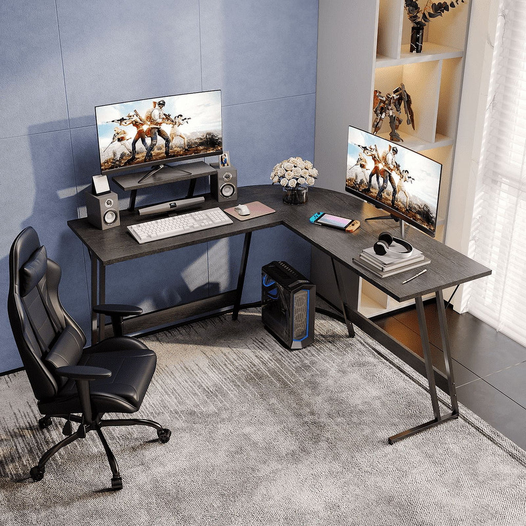 L-Shaped Gaming Desk 51 Inches Corner Office Gaming Desk with Removable Monitor Riser, Classical Black
