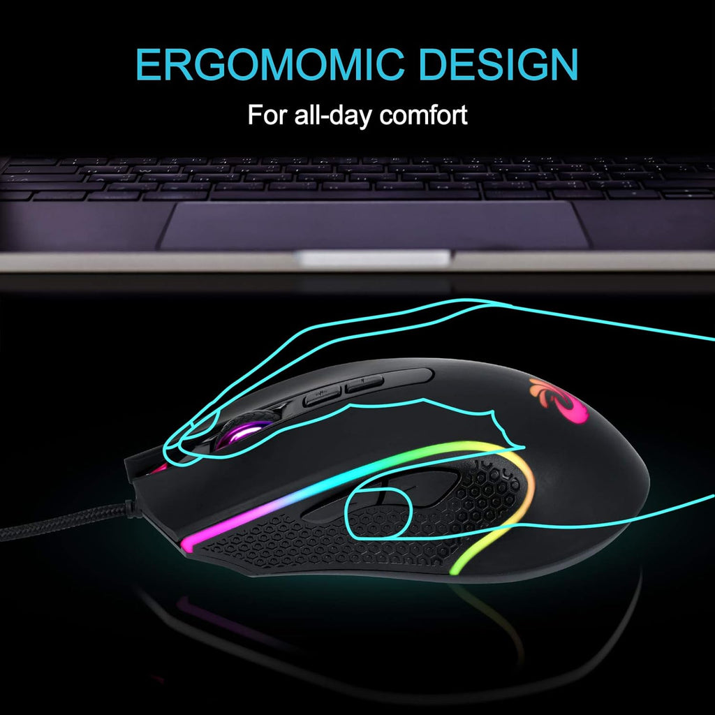 Wired Mouse - Black, USB, 7200 DPI, 4 Lighting Mode, Plug and Play, Ergonomic Design, Compatible with Windows/Mac
