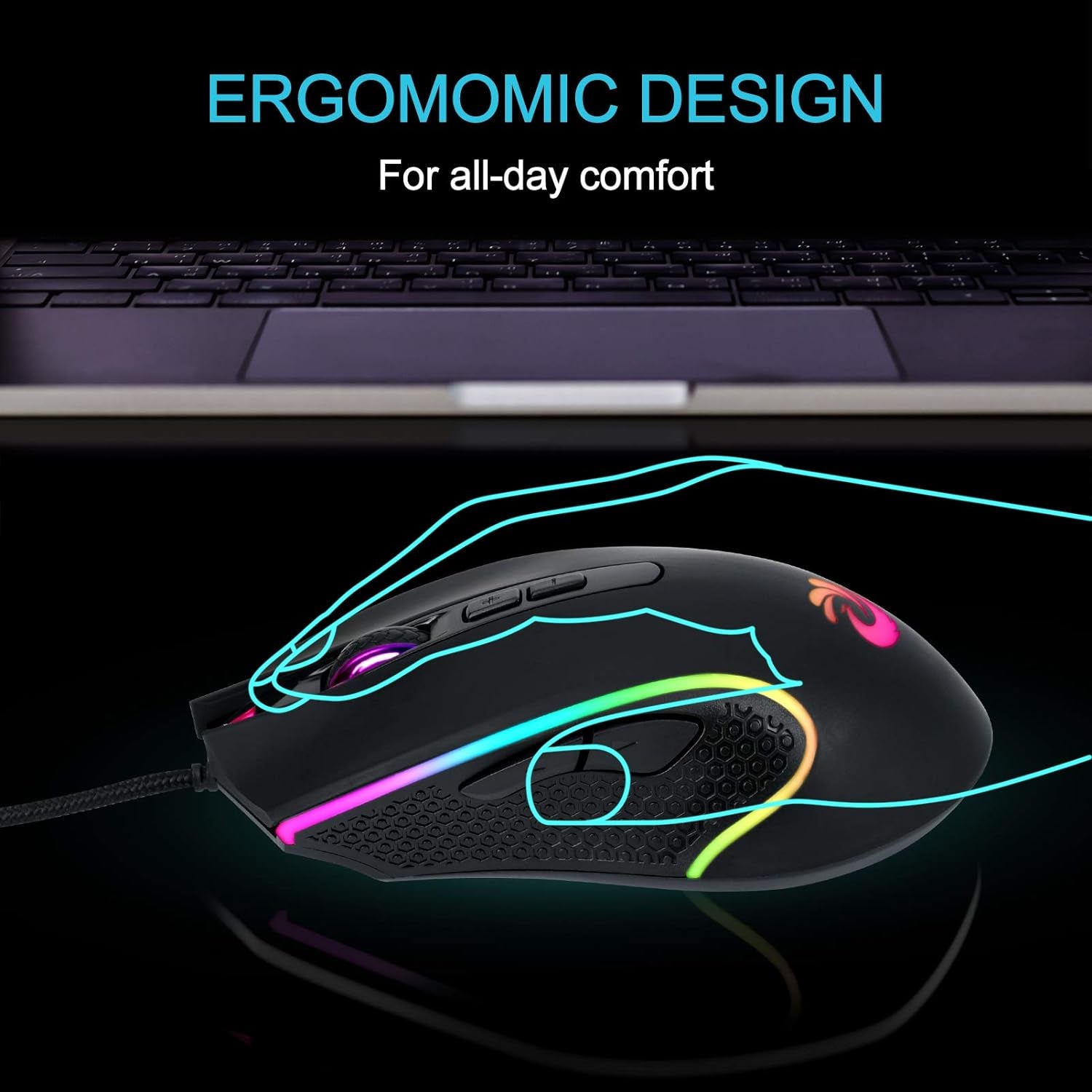 Wired Mouse - Black, USB, 7200 DPI, 4 Lighting Mode, Plug and Play, Ergonomic Design, Compatible with Windows/Mac