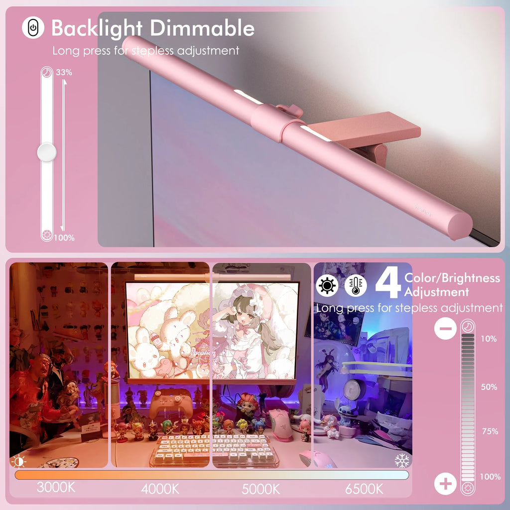 Monitor Light Bar, Eye-Care No Screen Glare Screen Light Bar, Stepless Dimming Monitor Light as Gifts for Girls for Home Office Gaming Reading, Pink