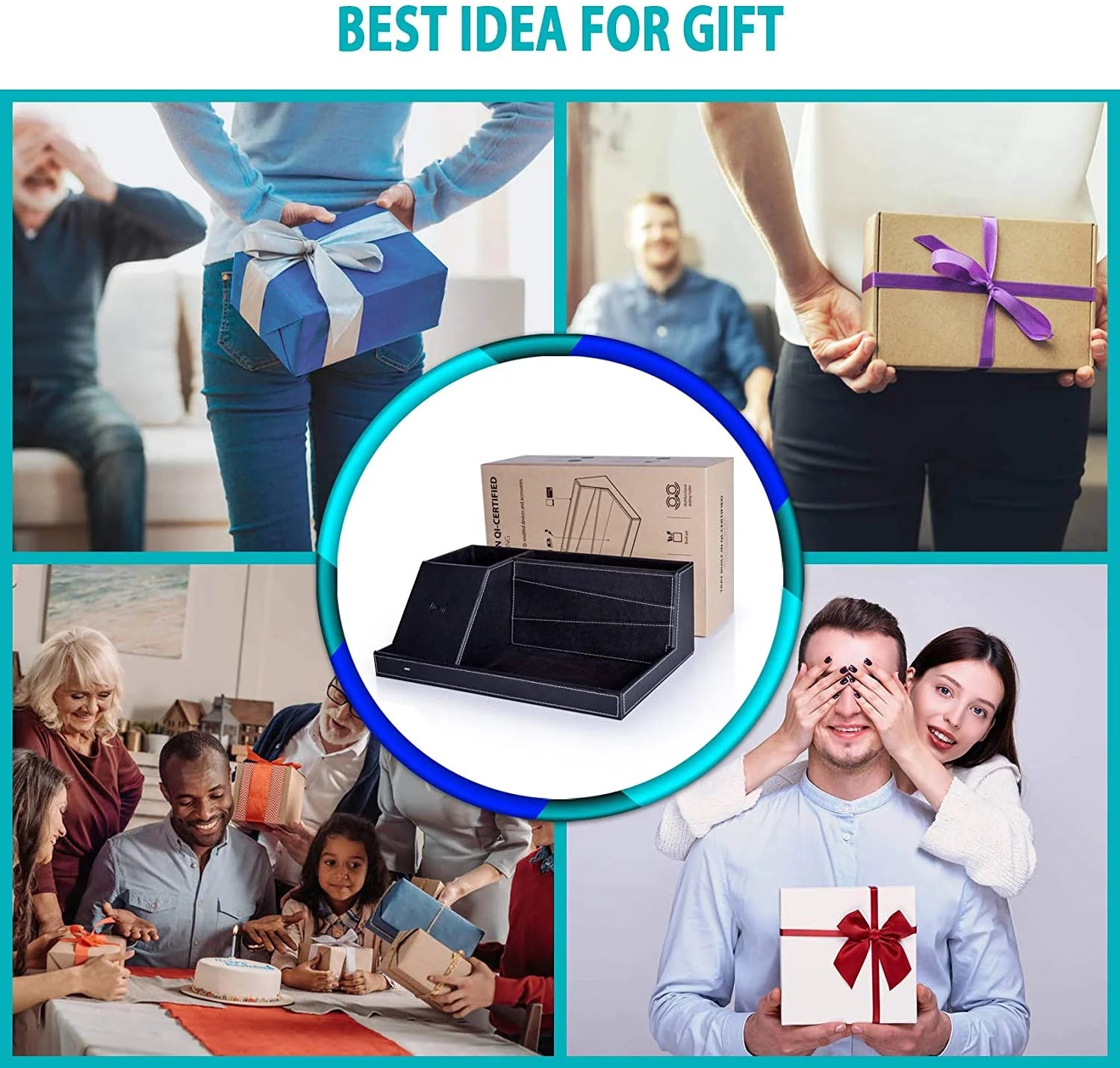 Desk Organizer with Wireless Charging for Iphone, PU Leather Valet Catchall Tray with Pencil Holder for Desk & Nightstand Organizer Home Office, 1 Pack