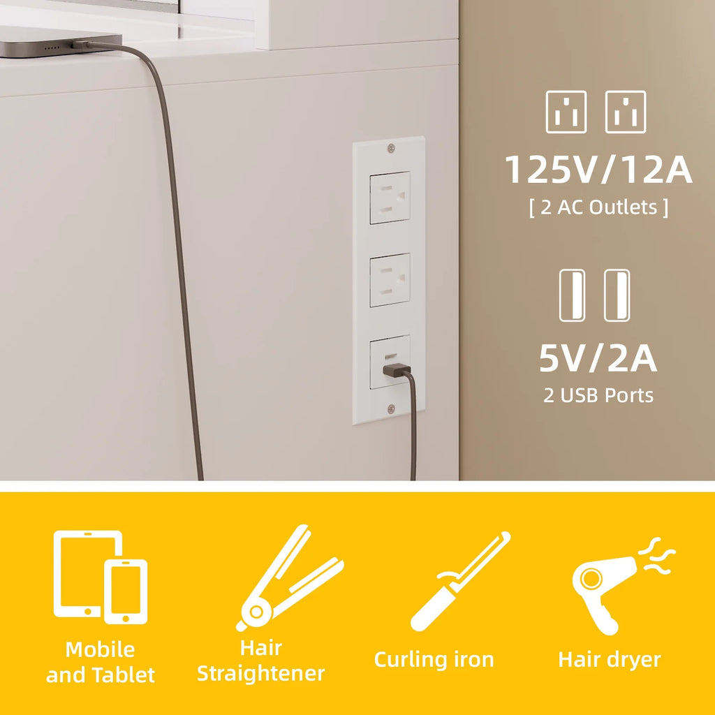 White Vanity Desk with Mirror & Lights, Power Outlet, 3 Colors, 2 RGB Drawers, 6 Shelves