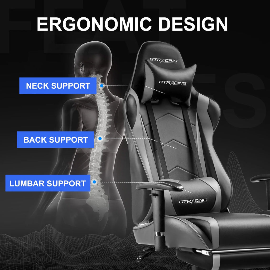 Gaming Chair with Footrest PU Leather Office Chair with Adjustable Headrest, Gray