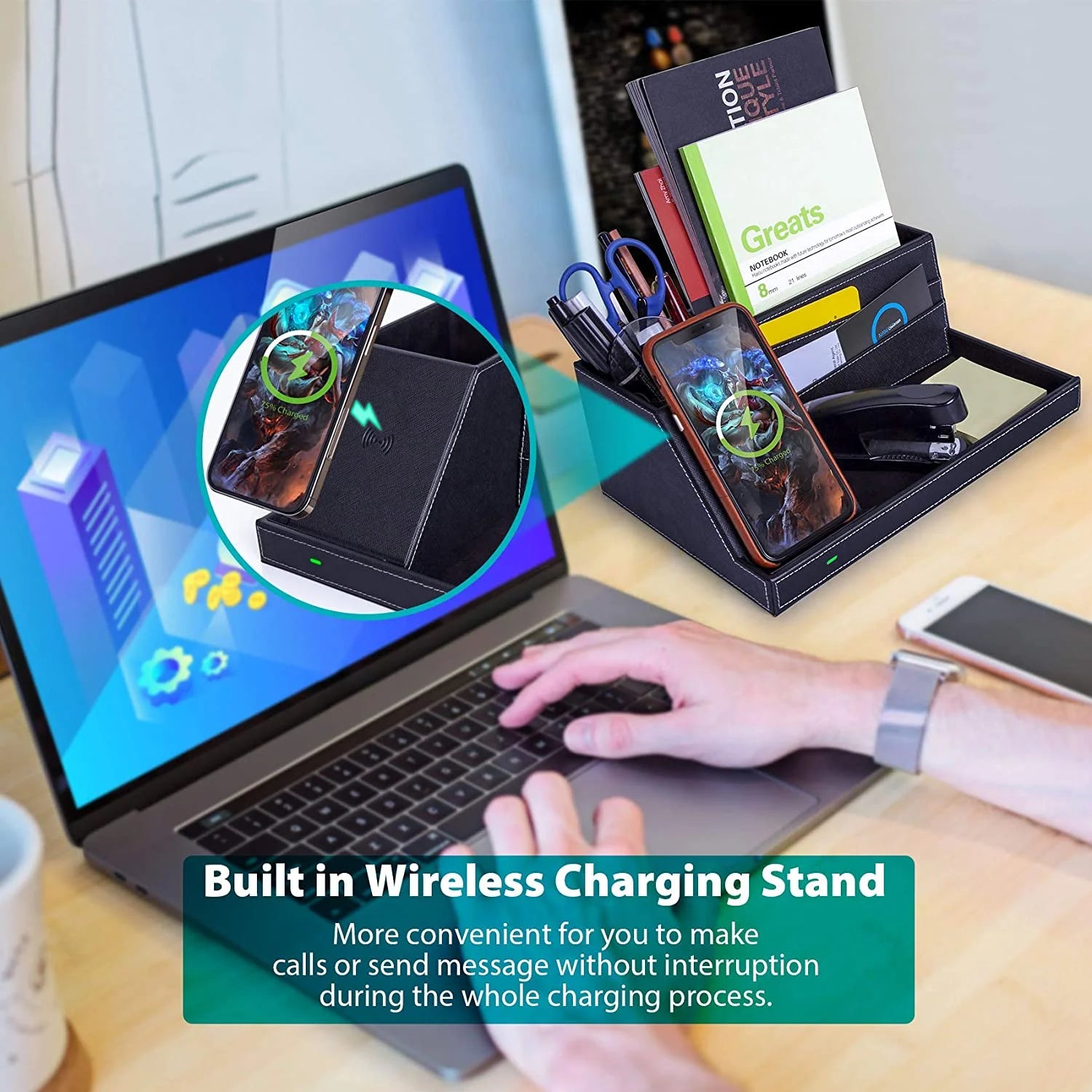Desk Organizer with Wireless Charging for Iphone, PU Leather Valet Catchall Tray with Pencil Holder for Desk & Nightstand Organizer Home Office, 1 Pack