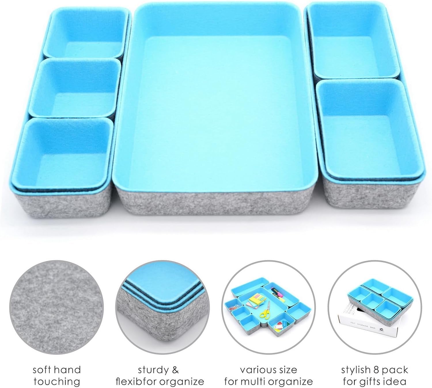 Drawer Organizers Bins Dividers Storage Trays Shallow Organizing Box for Office Supplies Makeup Nightstand Catchall Key Holder Cozy Room Decor 8-Piece (Baby Blue)