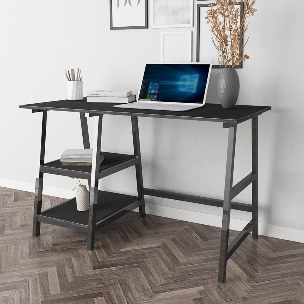 Trestle Desk, 47 Inches, Reversible Storage, Home Office Computer Desk, Student Desk, Black