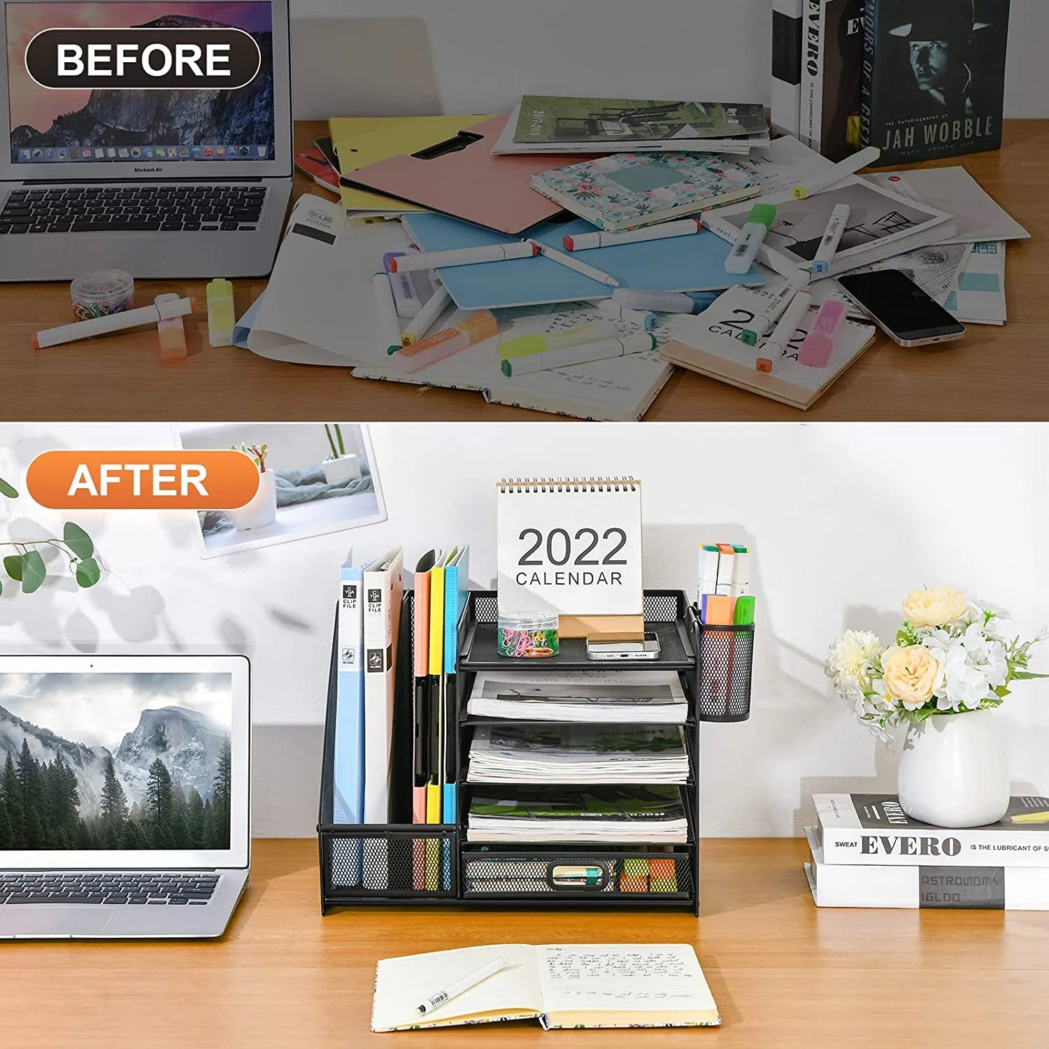 Metal Mesh 5-Tier Desk Organizer with File Holder, Drawer, Pen Holders - Vertical Tray for Office Supplies