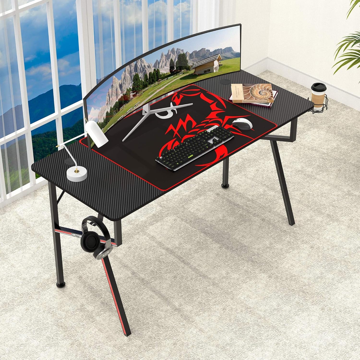 EE  Gaming Desk Office Desk Computer Desk Home Table 47 Inch Desk with Mouse Pad Headset Hook Cup Holder Controller Stand, Black