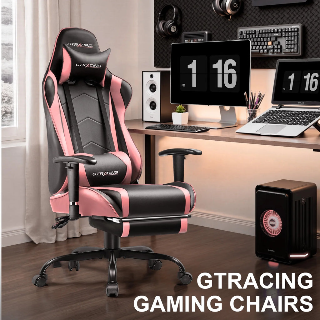 Gaming Chair with Footrest PU Leather Office Chair with Adjustable Headrest, Pink