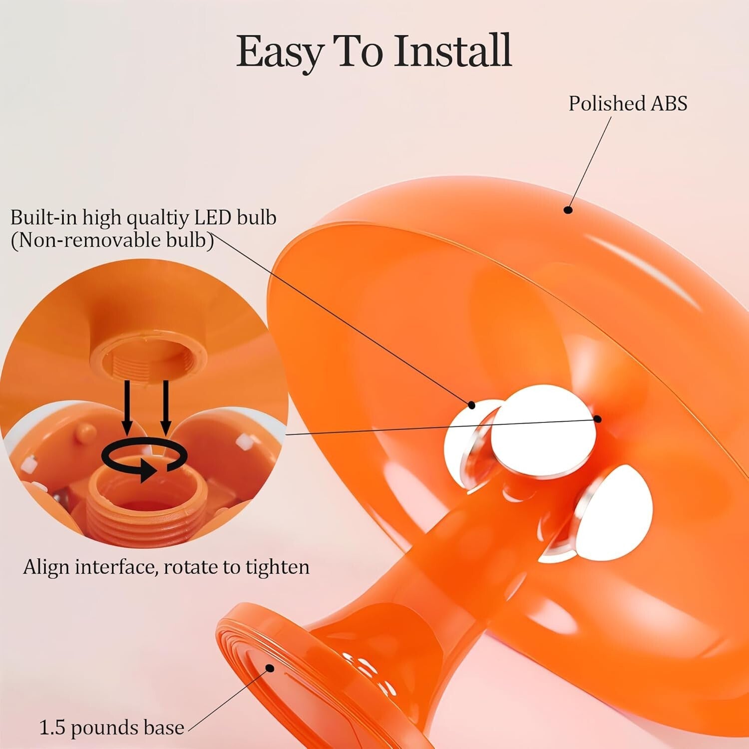 Retro Orange Mushroom Lamp for Bedroom Nightstand Mid Century Modern Table La...