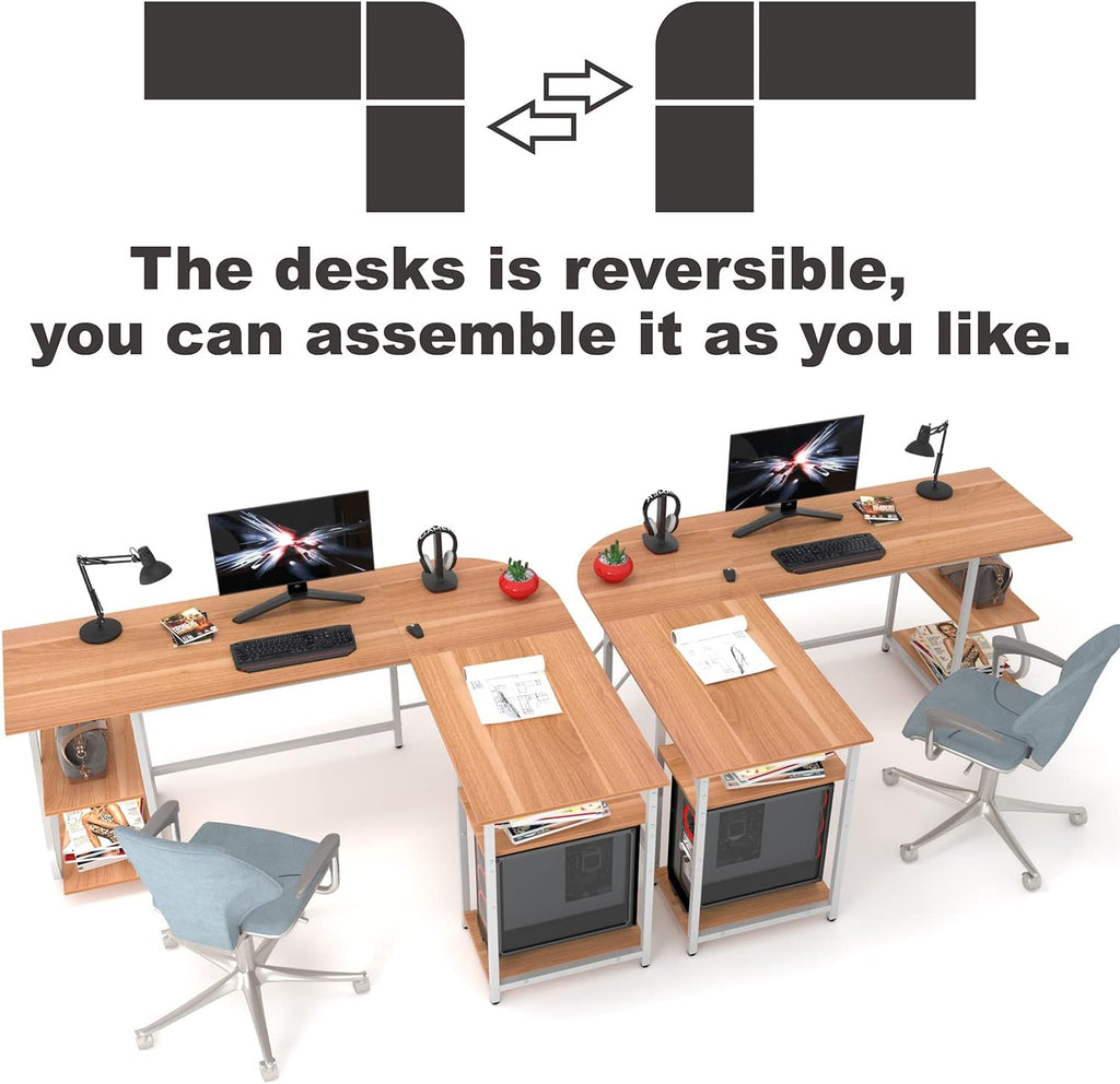 L Shaped Desk with Storage Shelf Reversible Gaming Desk Corner Computer Desk for Home Office, Spacious Laptop Table Saving Space PC Workstation, Walnut