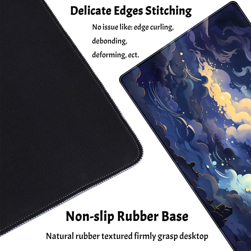 Blue Clouds Desk Mat Large XXL Gaming Mouse Pad Non-Slip Rubber Base Mousepad, Cool Office Desktop Decor Desk Pad, Computer Laptop Keyboard and Mouse Mat with Stitched Edges, 31.5X15.75 In