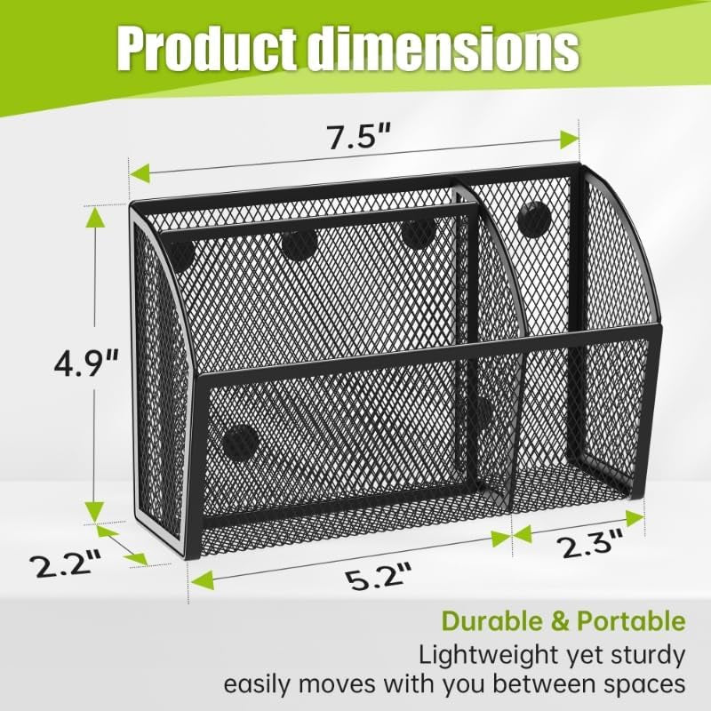 Strong Magnetic Pen Holder for Whiteboard and Refrigerator 3 Compartments Metal Mesh Organizer Space Saving Shelf for Office School Home and Locker - Black