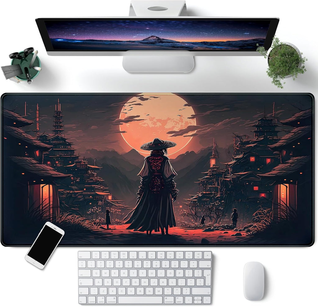 Japanese Landscape Desk Mat Post Moonlight Samurai Mouse Pad Large Dark Aesthetic Desk Pad Gaming Mousepad Extended XXL 31.5 X 15.7 in Laptop Computer Mouse Keyboard Mat