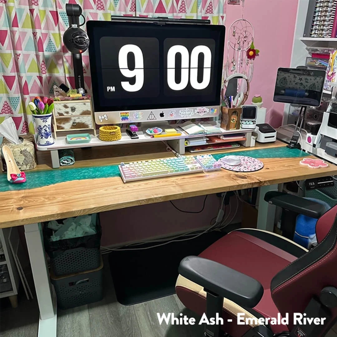 Dual Resin Hardwood Sit Stand Desk - Pheasantwood Blue River / 72 X 30 Inches / Space Gray