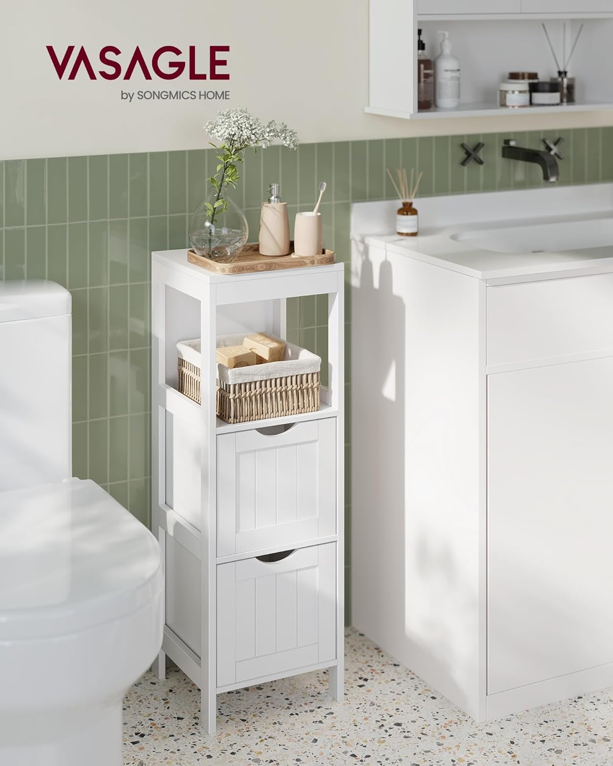 Storage Cabinet, Storage Organizer Rack Stand for Bathroom, Living Room, Bedroom, Multifunctional Corner Unit, 2 Drawers, 35 Inches in Height, White UBBC42WT