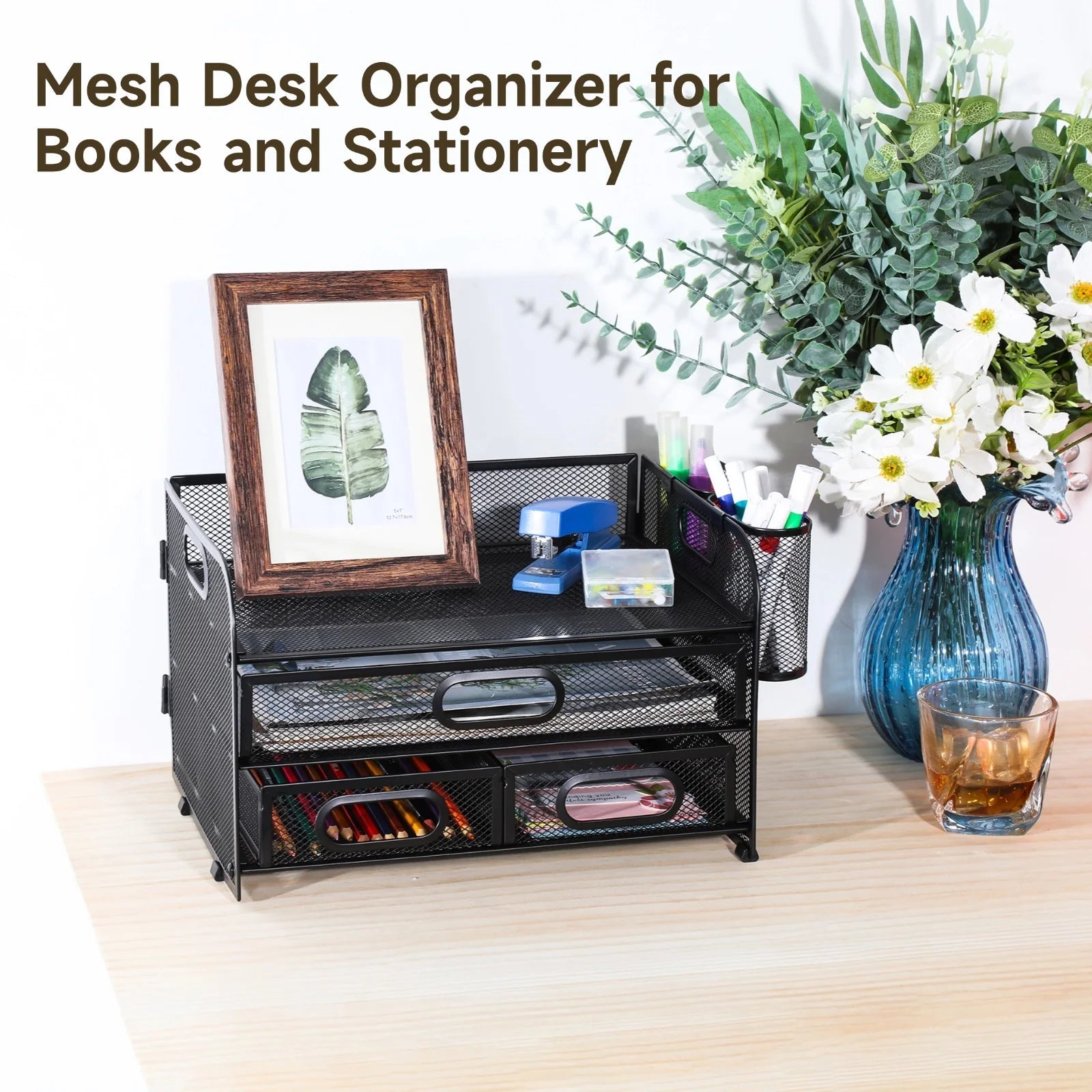 3-Tier Desk Organizer with Pen Holders, Mesh Desktop Storage for Office Supplies and Magazines, Black