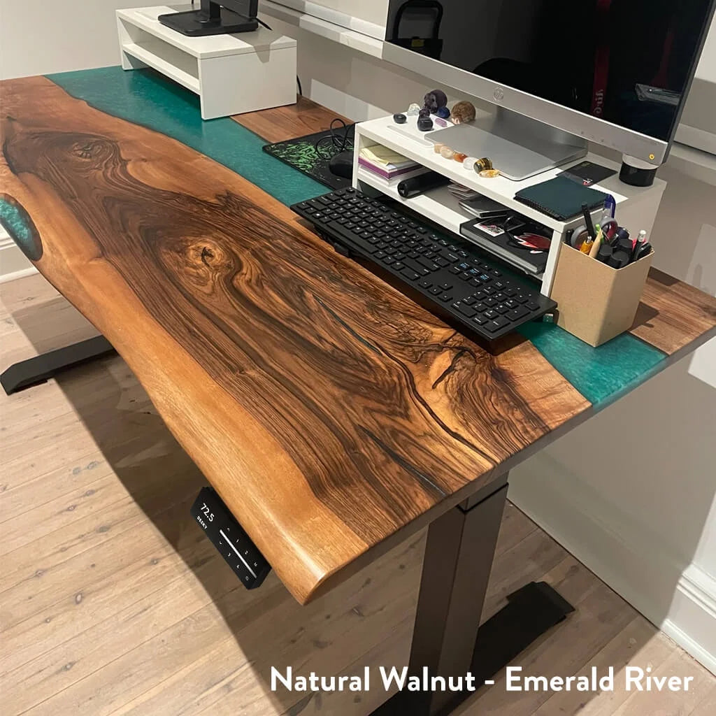 Dual Resin Hardwood Sit Stand Desk - Teak Blue River / 72 X 30 Inches / Space Gray
