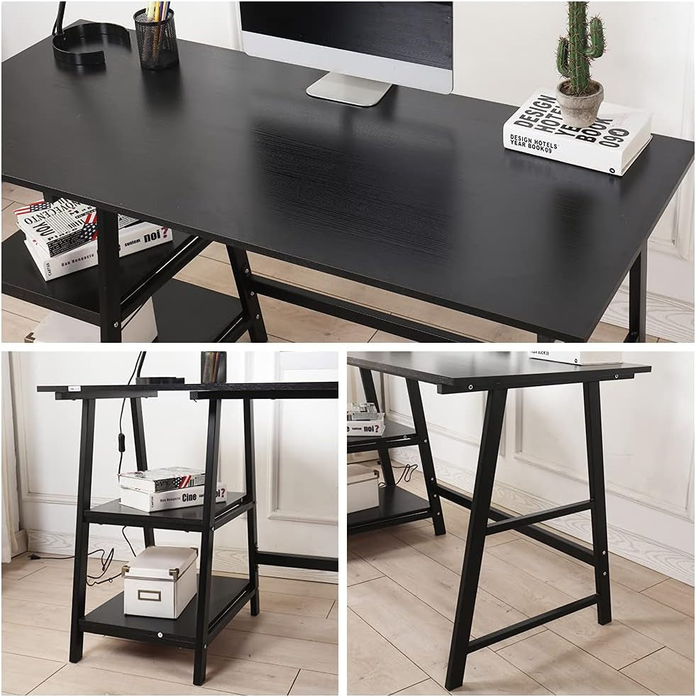 Trestle Desk, 47 Inches, Reversible Storage, Home Office Computer Desk, Student Desk, Black