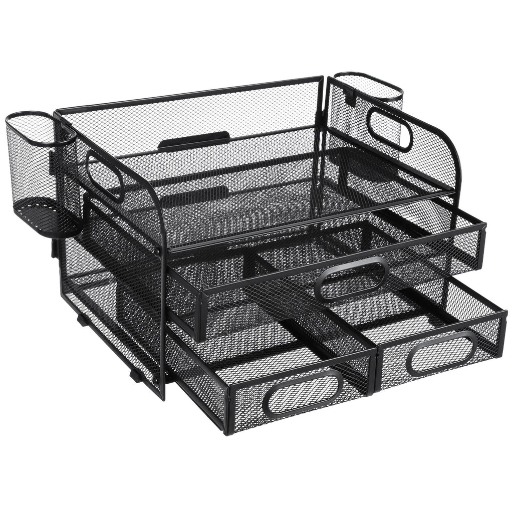 3-Tier Desk Organizer with Pen Holders, Mesh Desktop Storage for Office Supplies and Magazines, Black