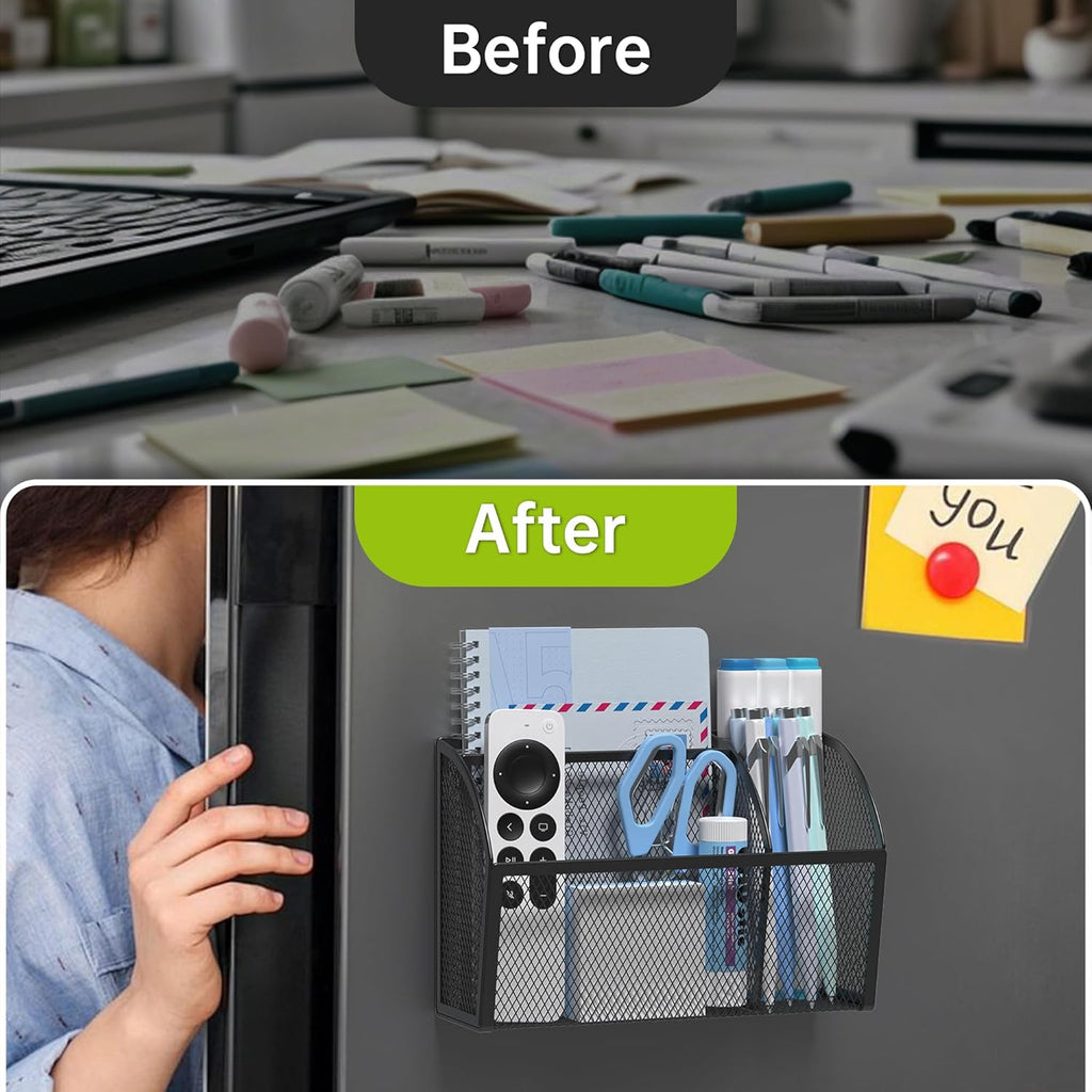 Strong Magnetic Pen Holder for Whiteboard and Refrigerator 3 Compartments Metal Mesh Organizer Space Saving Shelf for Office School Home and Locker - Black