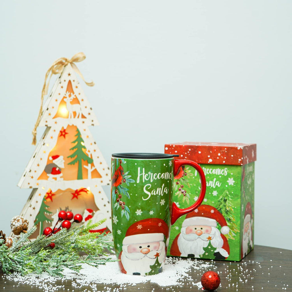 Christmas Ceramic Mug Coffee Cup with Sealed Lid and Gift Box Latte Mug, 17Oz. Here Comes Santa Claus