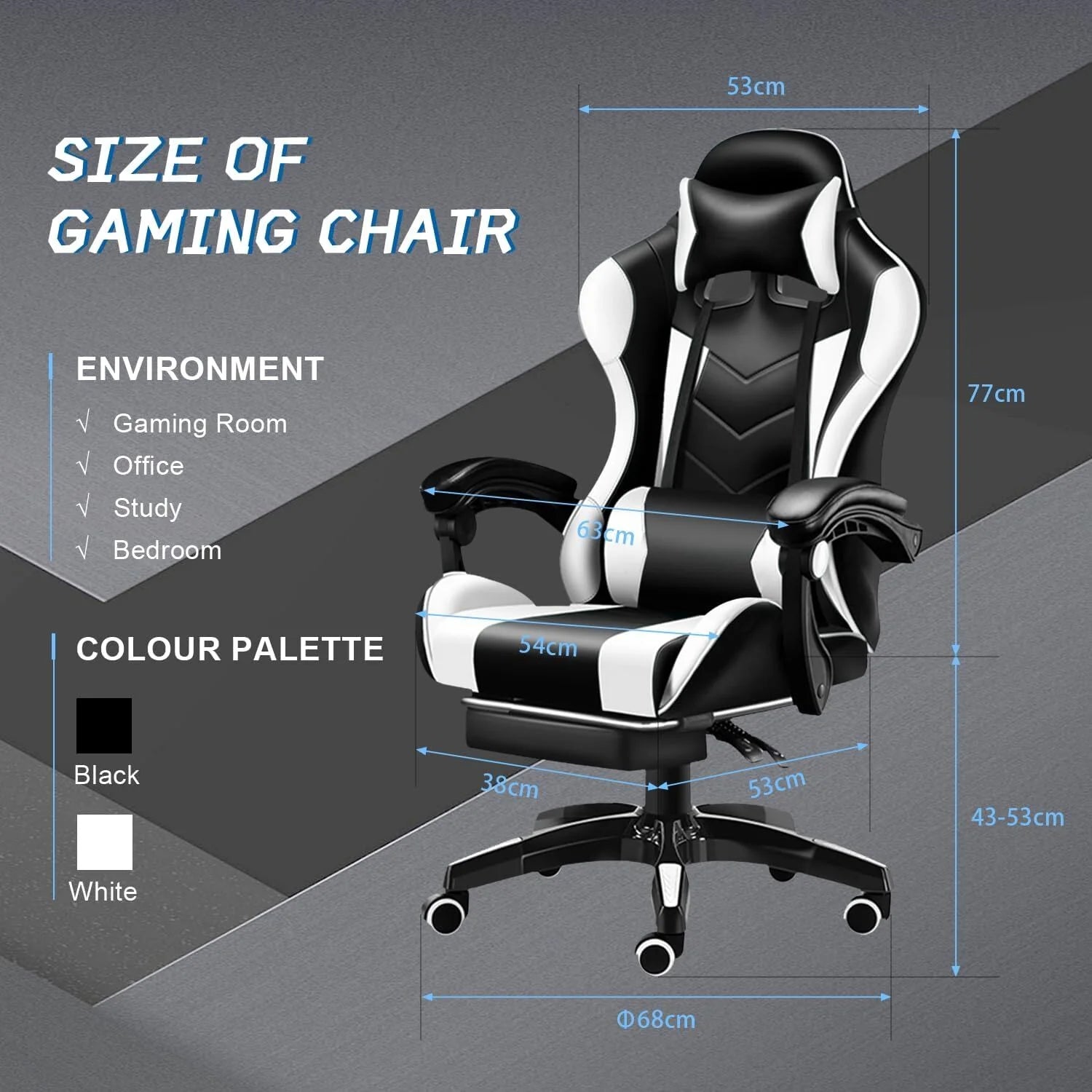 Gaming Chair with Adjustable Footrest, High Back Office Chair with Lumbar Support & Adjustable Headrest Video Game Chairs for Adults Black