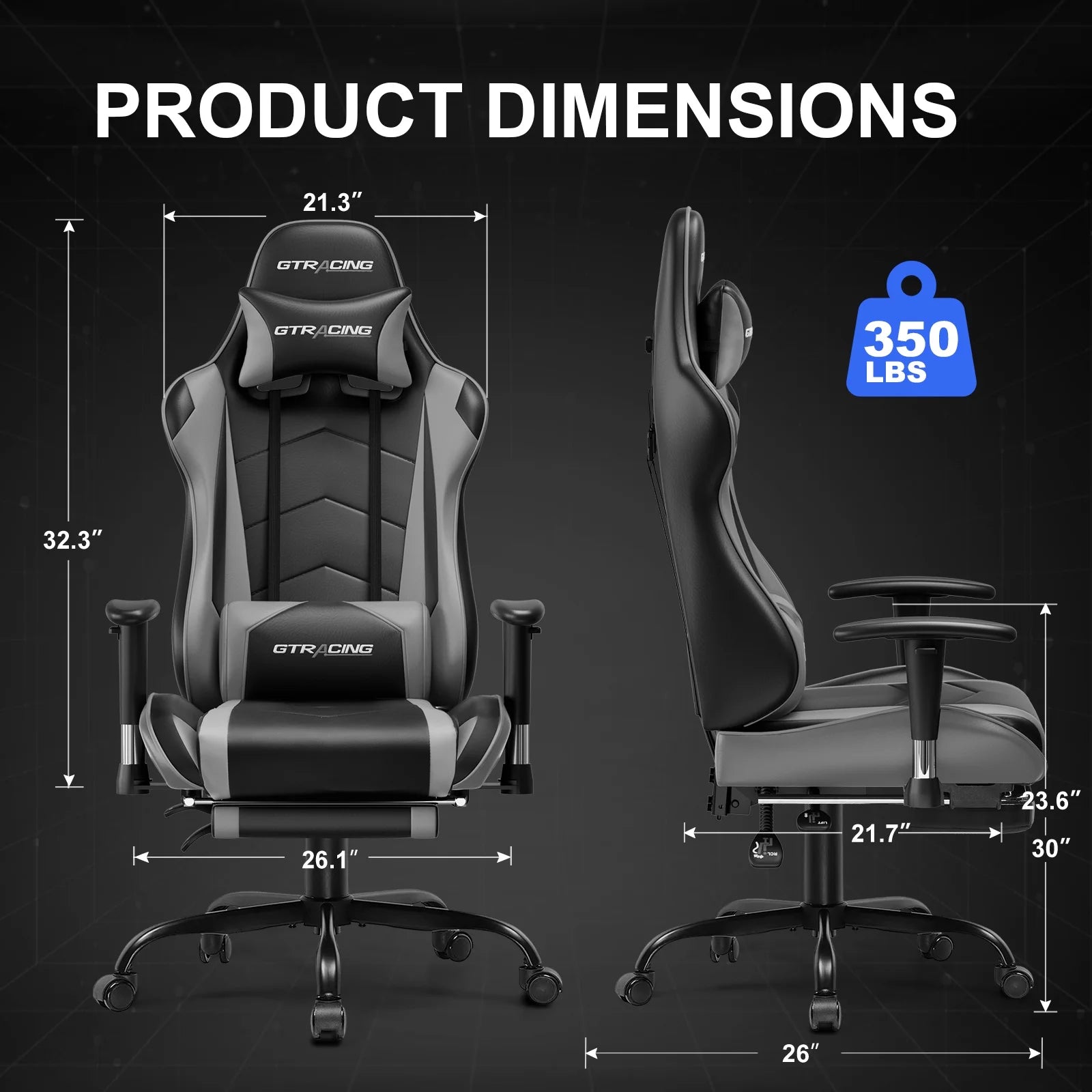 Gaming Chair with Footrest PU Leather Office Chair with Adjustable Headrest, Gray