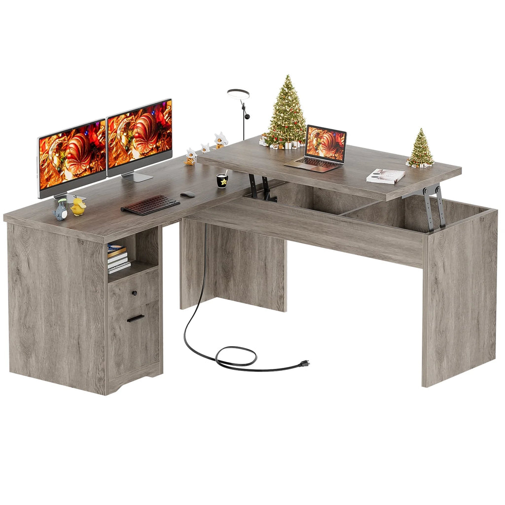 L Shaped Desk with Power Outlets and USB Charging Ports, Lift Top Corner Computer Desk with Drawer, Large Office Desk with Storage Shelves, L Shaped Standing Desk for Home Office, Wash Gray