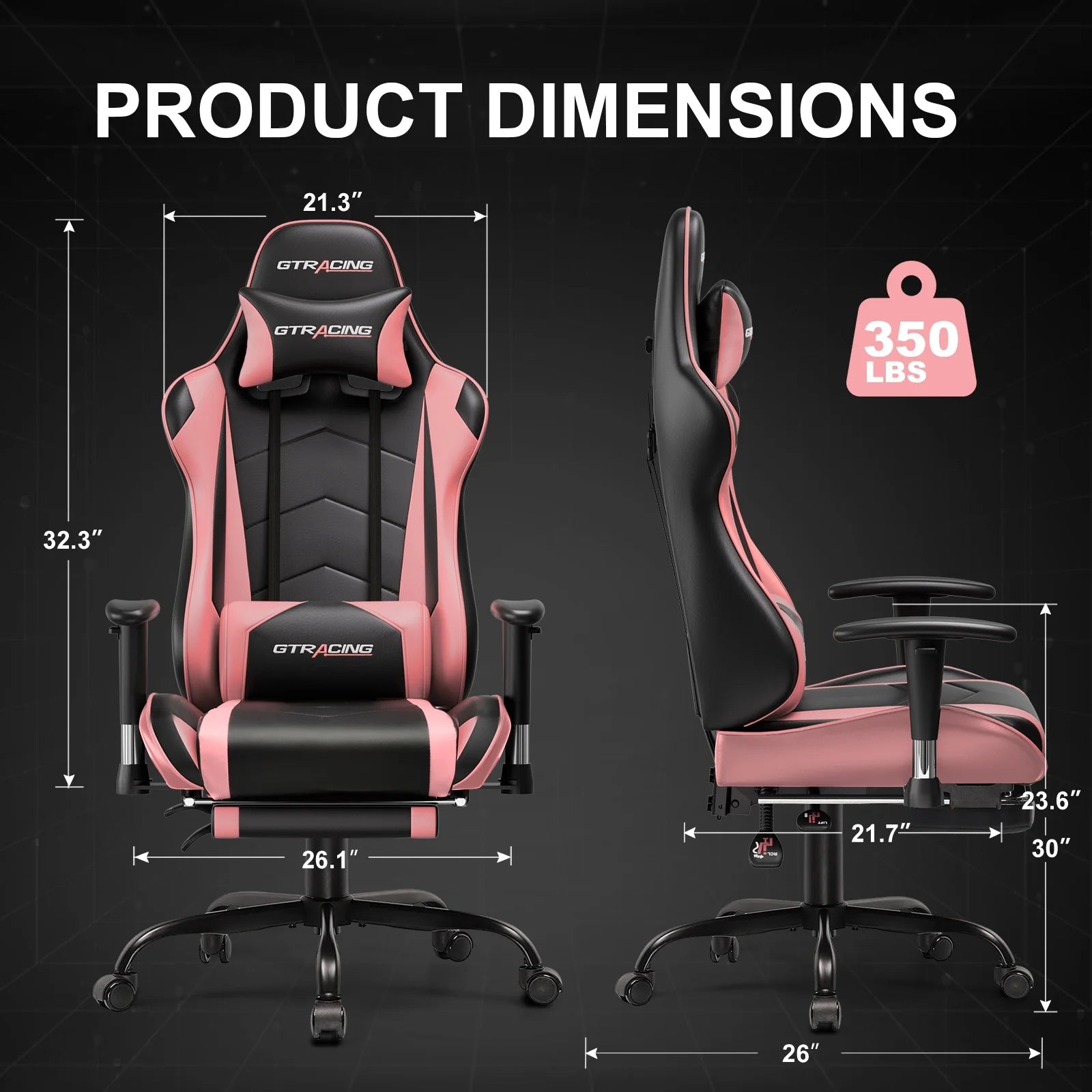 Gaming Chair with Footrest PU Leather Office Chair with Adjustable Headrest, Pink