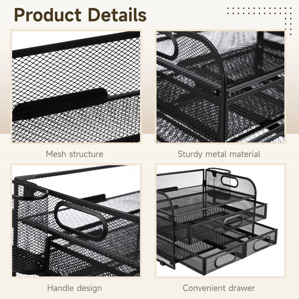 3-Tier Desk Organizer with Pen Holders, Mesh Desktop Storage for Office Supplies and Magazines, Black