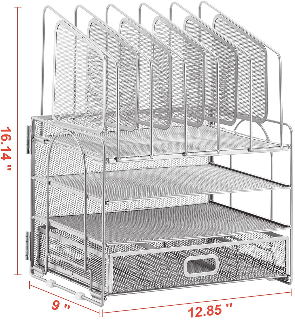 Desk Organizer with Drawer, 4-Tier Mesh Desk File Organizer with 5 Vertical File Holders and 2 Pen Holders, Multifunction Desktop Organizer