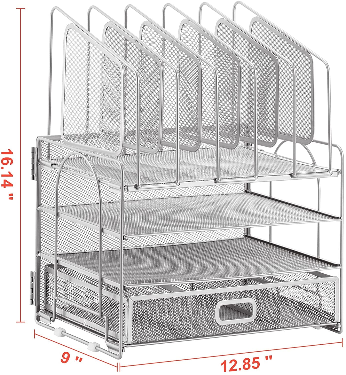 Desk Organizer with Drawer, 4-Tier Mesh Desk File Organizer with 5 Vertical File Holders and 2 Pen Holders, Multifunction Desktop Organizer