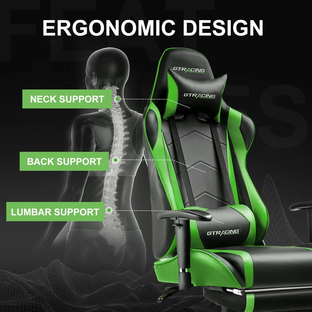 Gaming Chair Office Chair PU Leather with Adjustable Headrest and Lumbar Pillow, Green