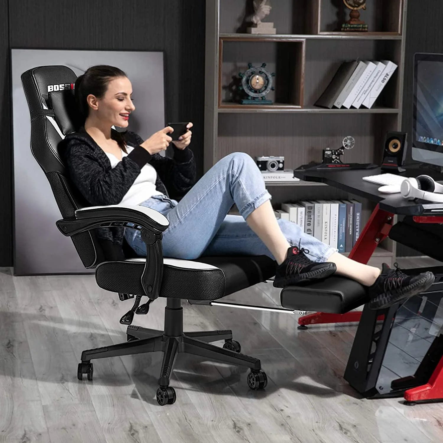 Gaming Chairs with Footrest, Massage Leather Game Chair for Adults, Big and Tall Gamer Chair with Headrest and Lumbar Support