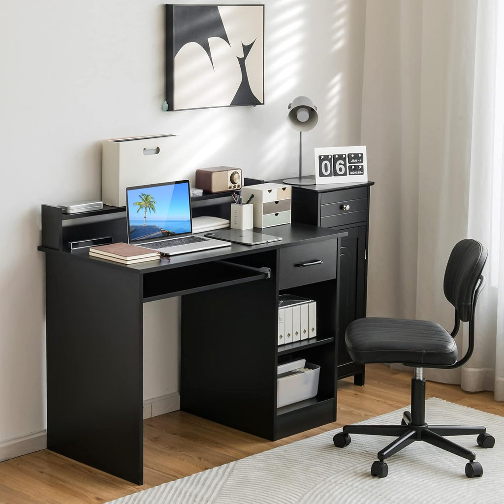 Computer Desk with Drawer & Keyboard Tray, Modern Study Writing Desk with Desktop Hutch & Storage Shelves, Home Office Wooden PC Laptop Desk, Desk for Bedroom