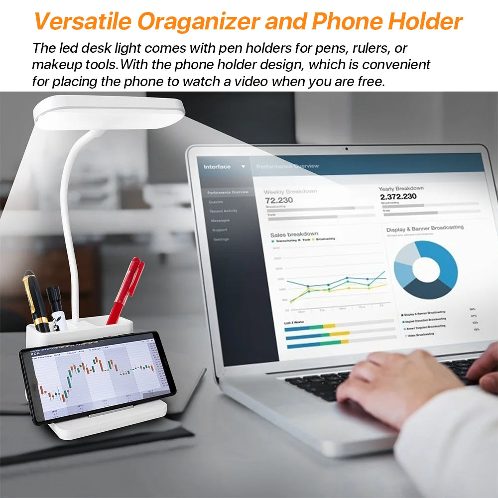 Led Desk Lamp with Pen and Phone Hold for an Office in Home - 3 Modes Dimable LED Table Lamp with USB Port