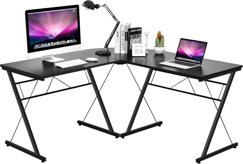 L-Shaped Desk Corner Computer Desk, Space-Saving & Multifunctional Home Office Desk Writing Workstation Study Desk with round Corner (Black)