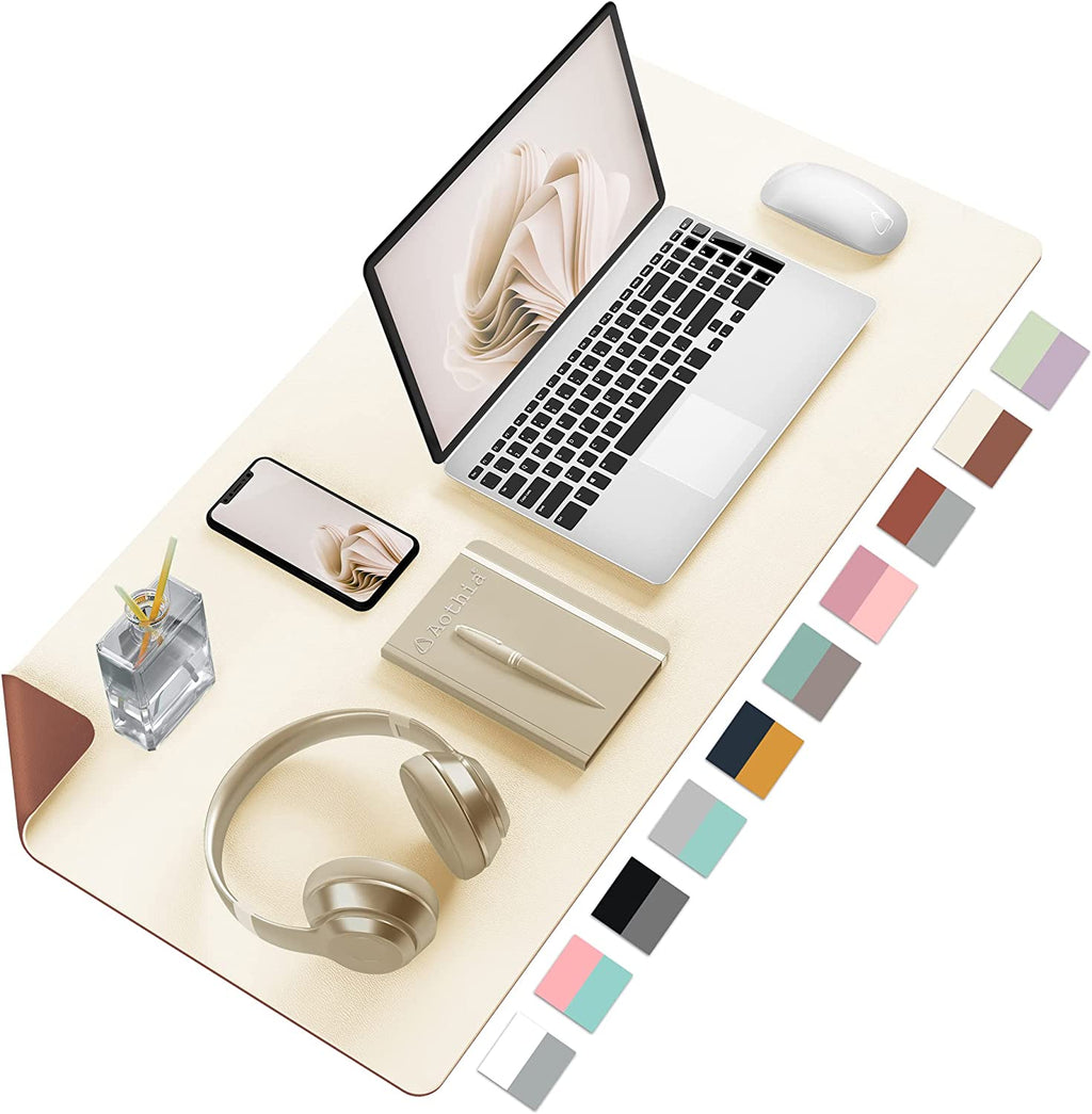 Double-Sided PU Leather Desk Pad - Non-Slip Large Mouse Pad & Desk Mat for Office, Home - Waterproof, Easy to Clean,(31.5" X 15.7", Beige)