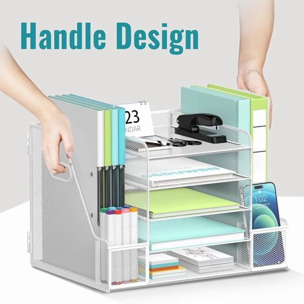5-Tier Desk Organizer with File Holder, Mesh Paper Letter Tray Organizer with Magazine Holder, Desktop Organizer and Storage for Office Supplies