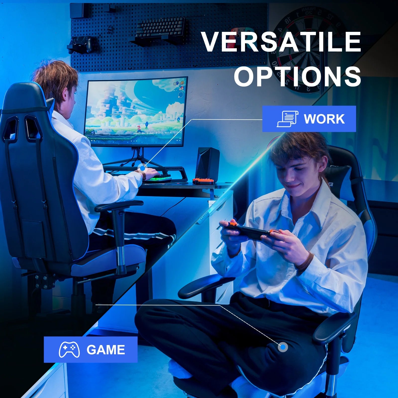 Gaming Chair Office Chair PU Leather with Footrest&Adjustable Headrest,Blue