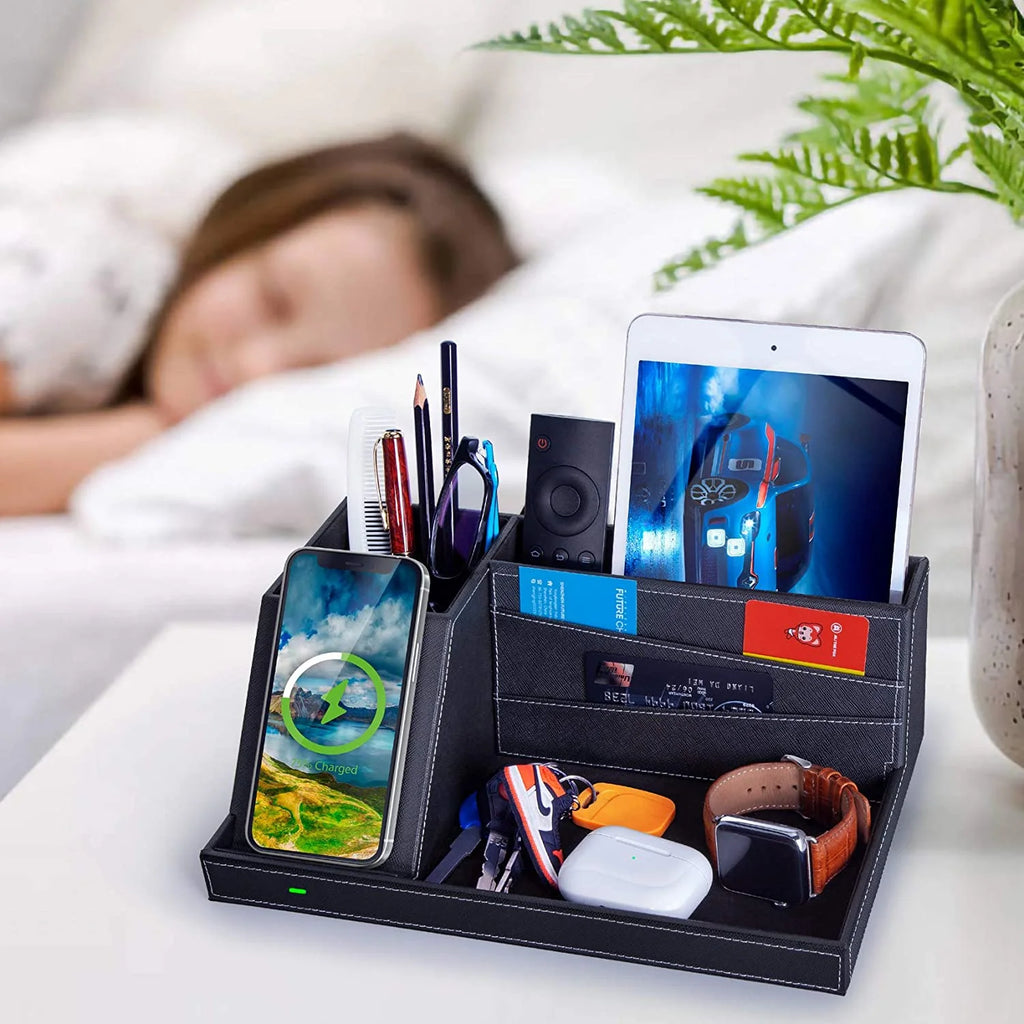 Desk Organizer with Wireless Charging for Iphone, PU Leather Valet Catchall Tray with Pencil Holder for Desk & Nightstand Organizer Home Office, 1 Pack