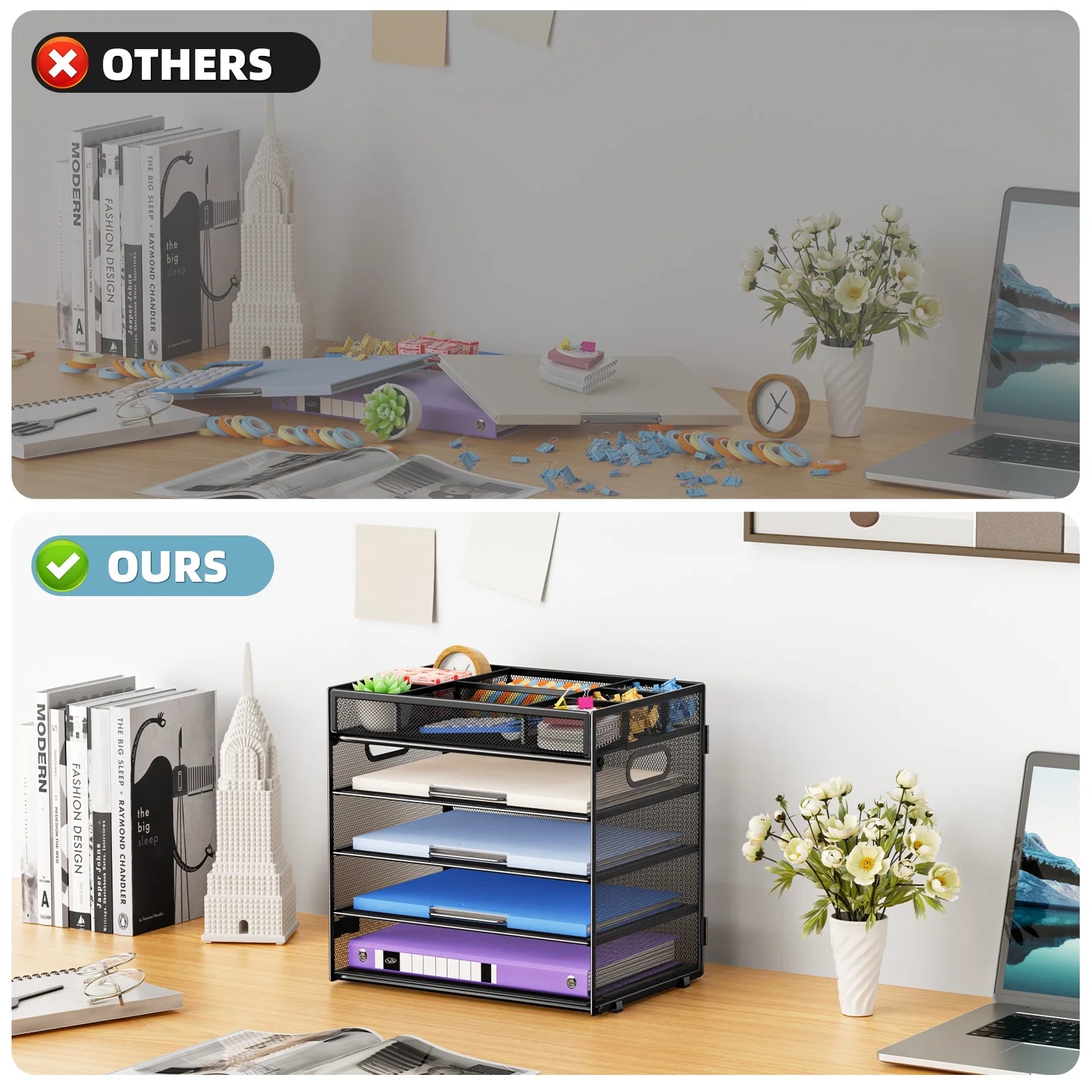 Multi-Functional Desk Organizer Tray, 5 Tier Paper Letter Tray Organizer ,Mesh Desktop Organizer and Storage with 8 Compartments for Office Supplies-Black