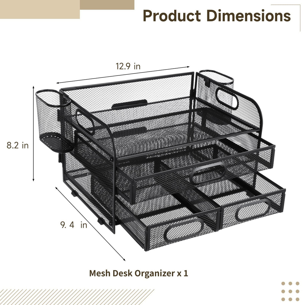 3-Tier Desk Organizer with Pen Holders, Mesh Desktop Storage for Office Supplies and Magazines, Black