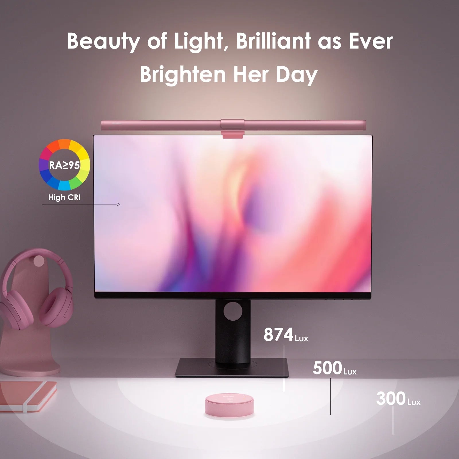 Monitor Light Bar, Eye-Care No Screen Glare Screen Light Bar, Stepless Dimming Monitor Light as Gifts for Girls for Home Office Gaming Reading, Pink