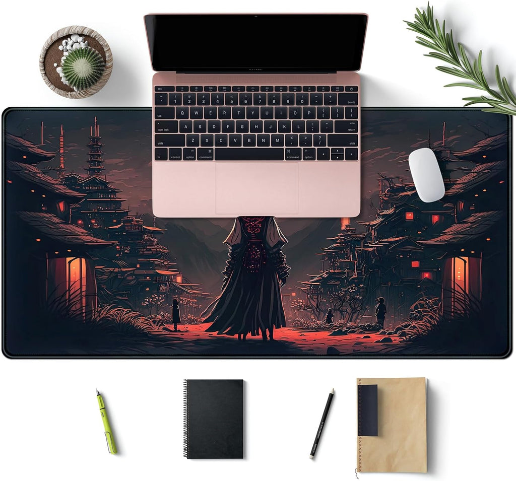 Japanese Landscape Desk Mat Post Moonlight Samurai Mouse Pad Large Dark Aesthetic Desk Pad Gaming Mousepad Extended XXL 31.5 X 15.7 in Laptop Computer Mouse Keyboard Mat