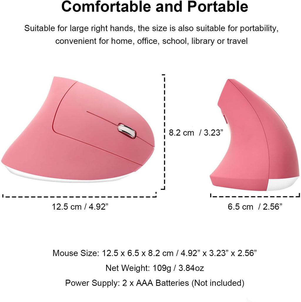 Ergonomic Wireless Vertical Mouse Ergo Optical 2.4G Cordless Mouse Portable Travel Mice with 6 Buttons 3 Adjustable DPI 800/1200/1600 for PC Laptop Desktop (Pink)