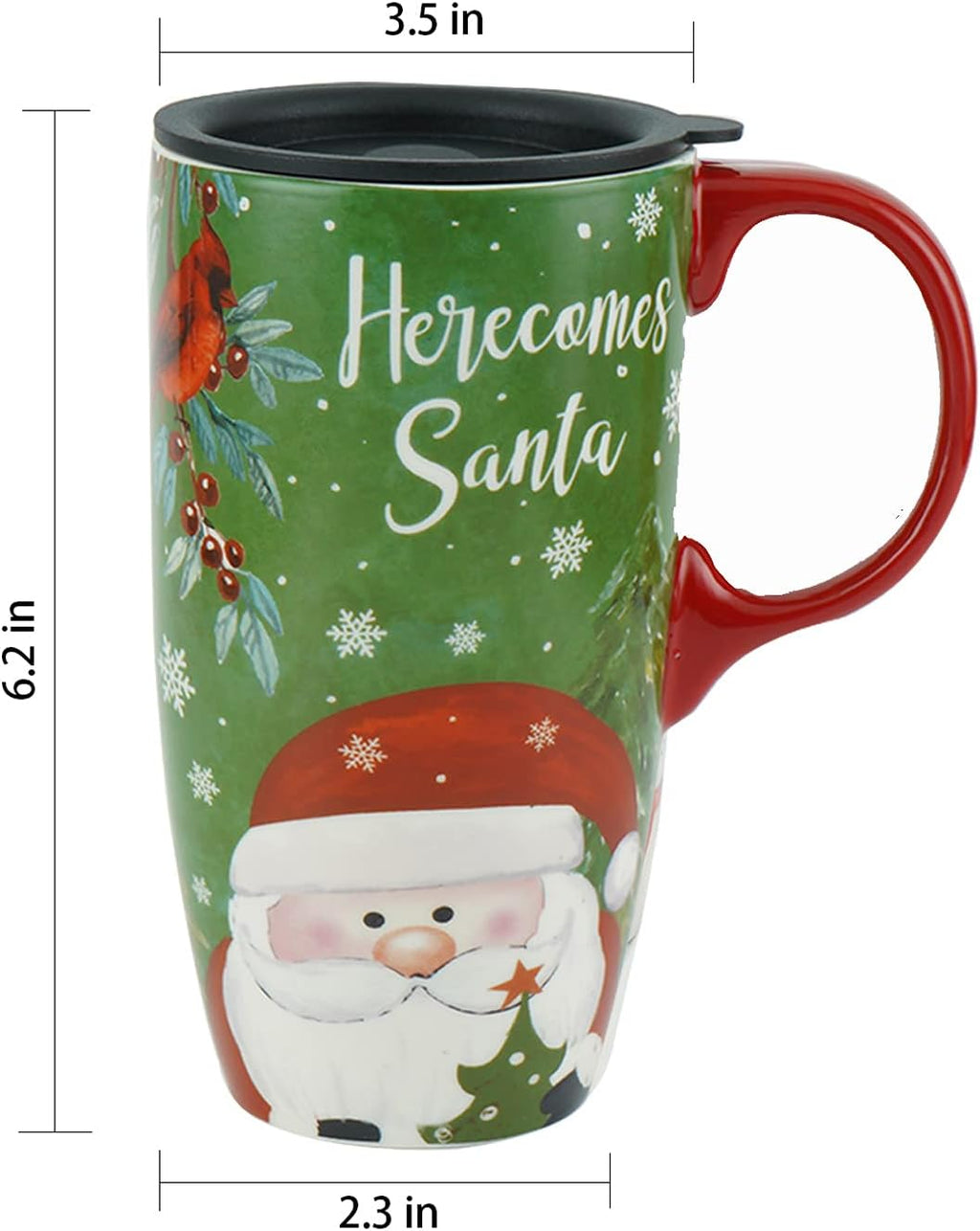 Christmas Ceramic Mug Coffee Cup with Sealed Lid and Gift Box Latte Mug, 17Oz. Here Comes Santa Claus