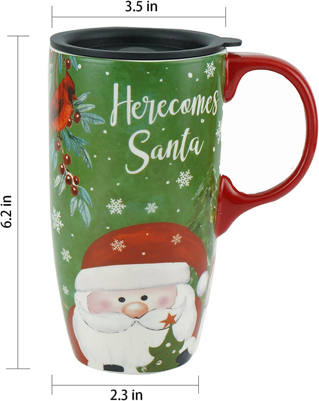 Christmas Ceramic Mug Coffee Cup with Sealed Lid and Gift Box Latte Mug, 17Oz. Here Comes Santa Claus